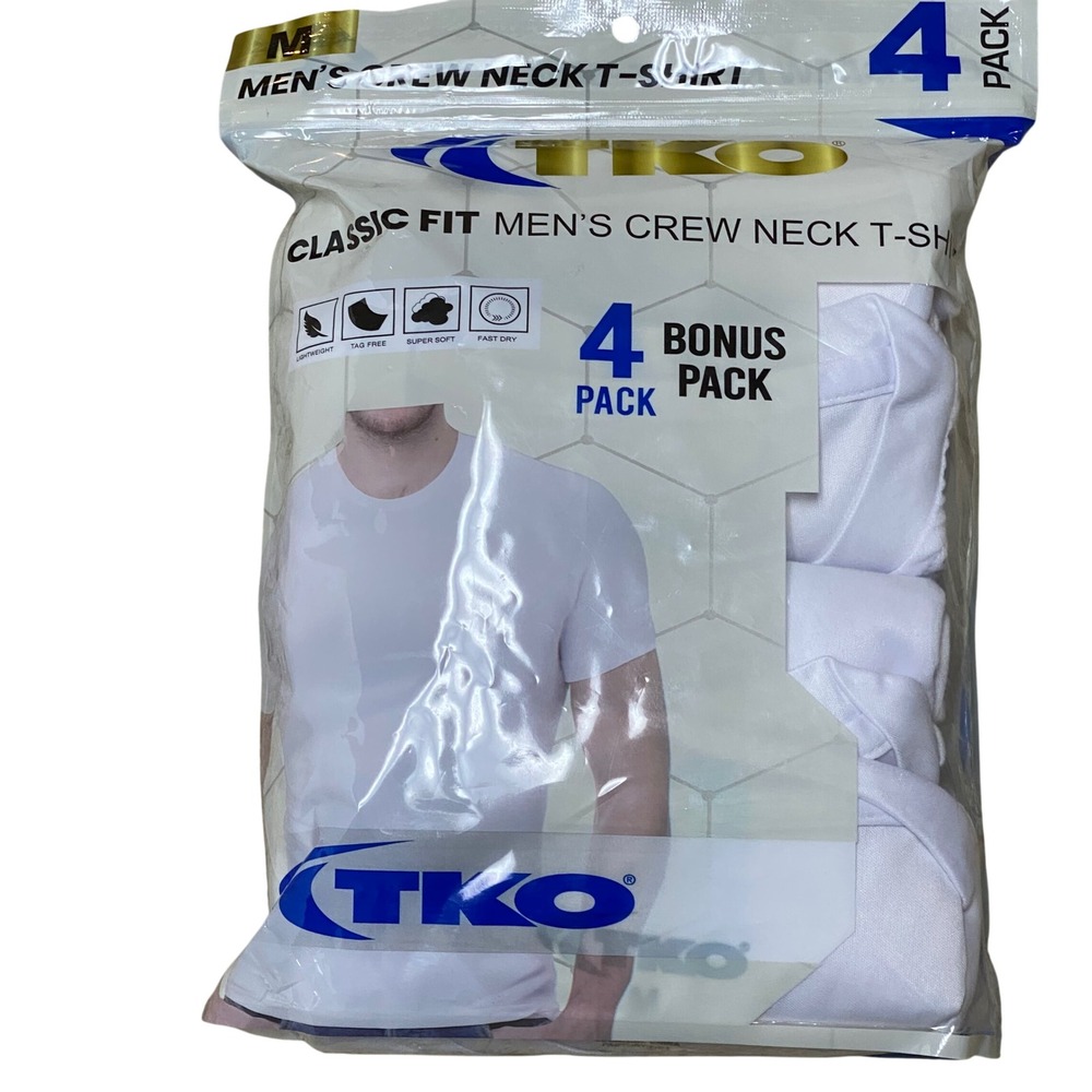 TKO Mens Crew Neck T-Shirt‎ 4 Pack Classic Fit White Polyester Size Medium NWT